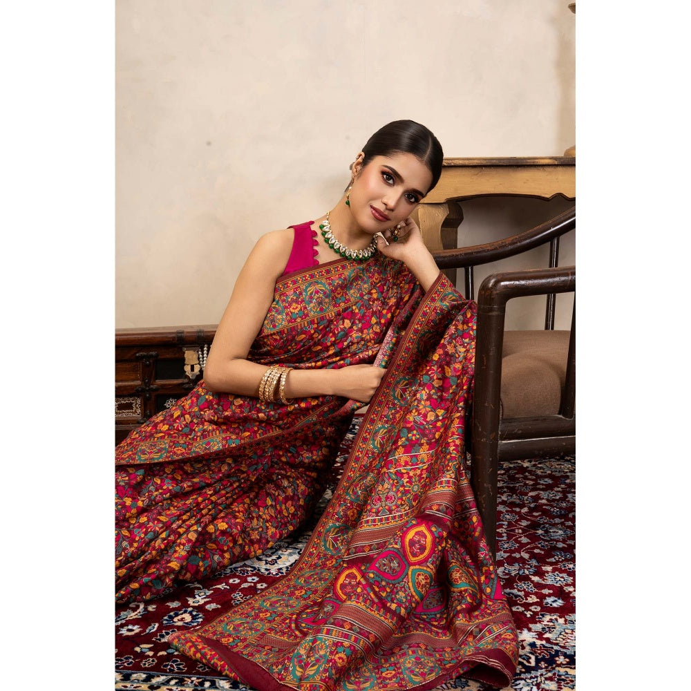 Zal from Benaras Red Pure Silk Banarasi Meenakari Handloom Saree Without Blouse