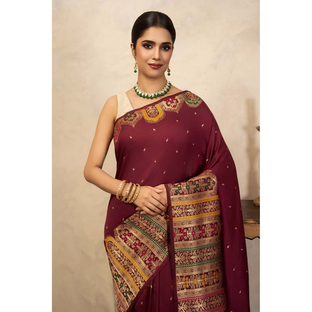 Zal from Benaras Maroon Pure Katan Silk Banarasi Handloom Saree Without Blouse
