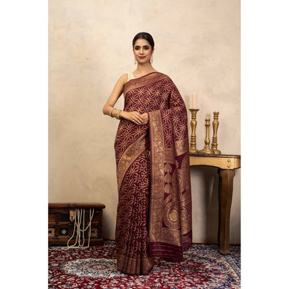 Zal from Benaras Maroon Pure Silk Banarasi Handloom Saree Without Blouse