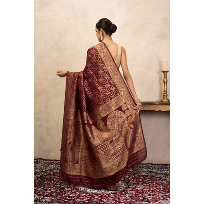Zal from Benaras Maroon Pure Silk Banarasi Handloom Saree Without Blouse