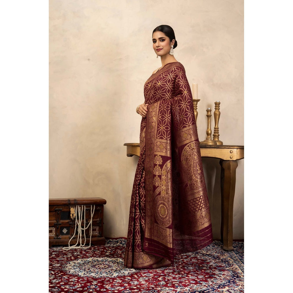 Zal from Benaras Maroon Pure Silk Banarasi Handloom Saree Without Blouse