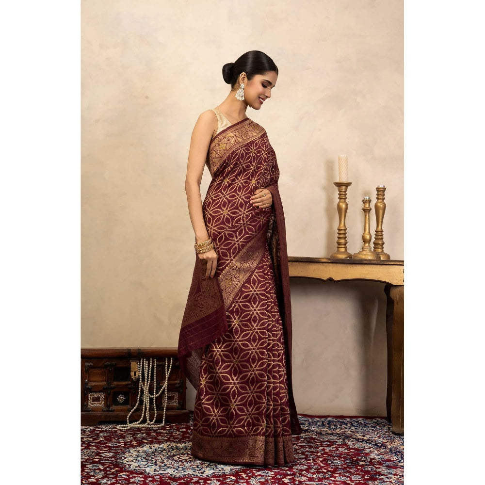 Zal from Benaras Maroon Pure Silk Banarasi Handloom Saree Without Blouse