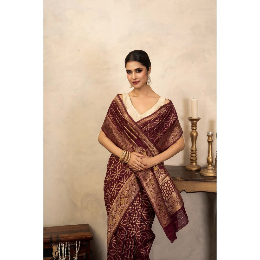 Zal from Benaras Maroon Pure Silk Banarasi Handloom Saree Without Blouse