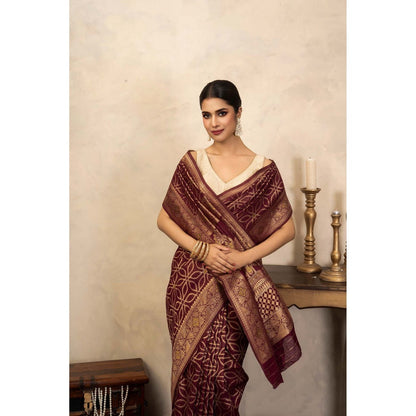 Zal from Benaras Maroon Pure Silk Banarasi Handloom Saree Without Blouse