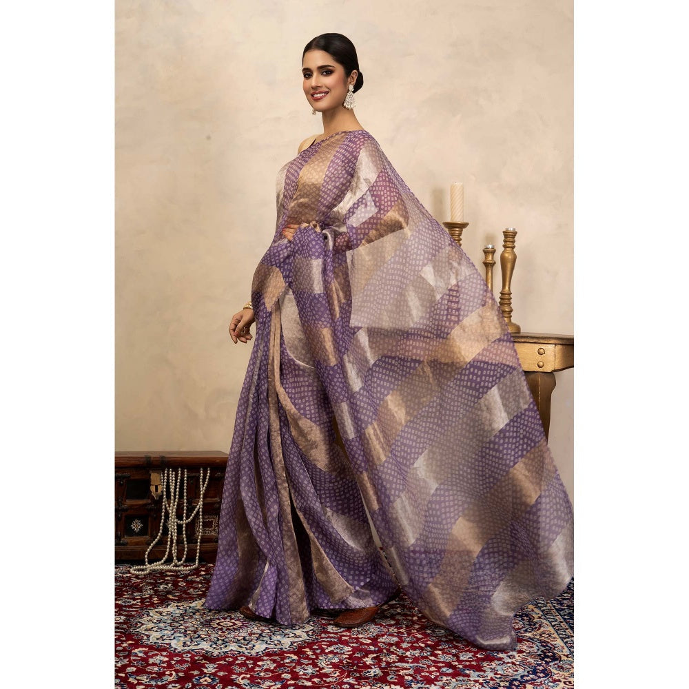 Zal from Benaras Lavender Bandhani Digital Print Handloom Saree Without Blouse