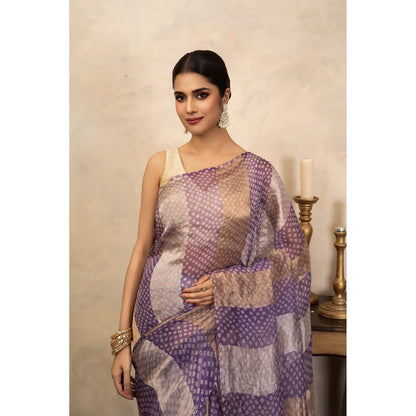 Zal from Benaras Lavender Bandhani Digital Print Handloom Saree Without Blouse