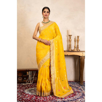 Zal from Benaras Yellow Pure Katan Silk Banarasi Handloom Saree Without Blouse