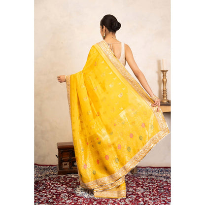 Zal from Benaras Yellow Pure Katan Silk Banarasi Handloom Saree Without Blouse