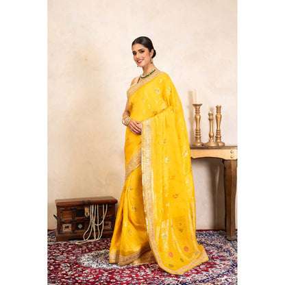 Zal from Benaras Yellow Pure Katan Silk Banarasi Handloom Saree Without Blouse