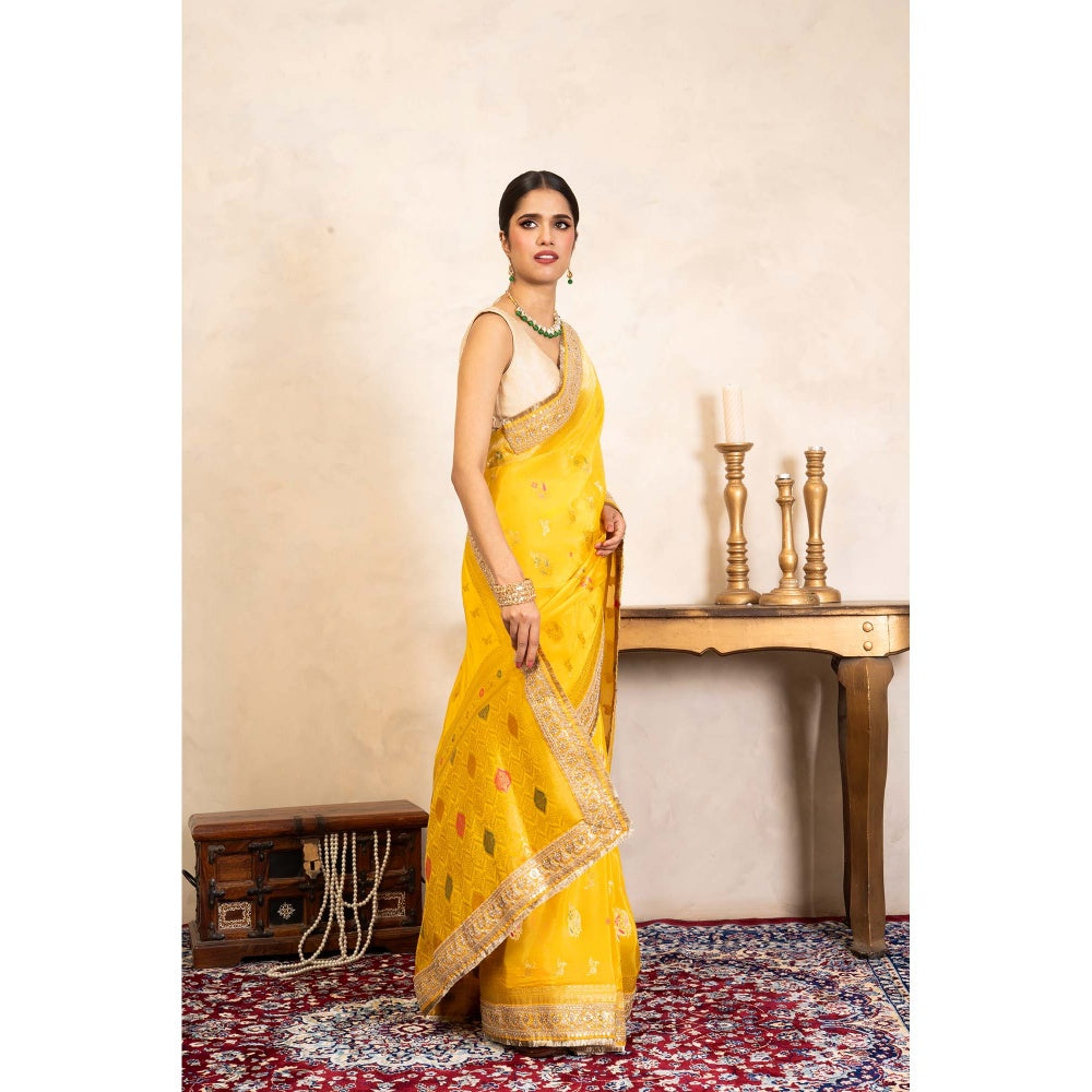 Zal from Benaras Yellow Pure Katan Silk Banarasi Handloom Saree Without Blouse