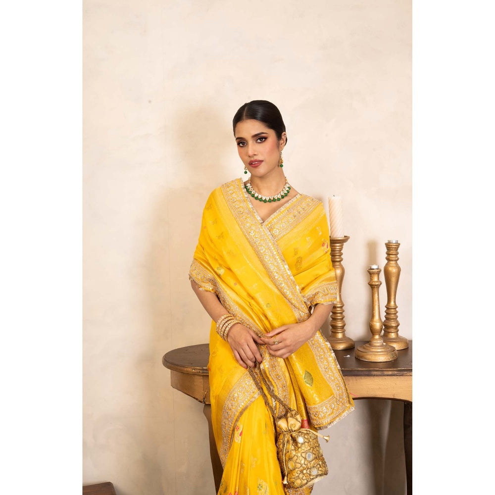 Zal from Benaras Yellow Pure Katan Silk Banarasi Handloom Saree Without Blouse