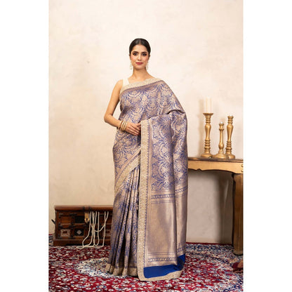 Zal from Benaras Blue Pure Katan Silk Brocade Banarasi Handloom Saree Without Blouse