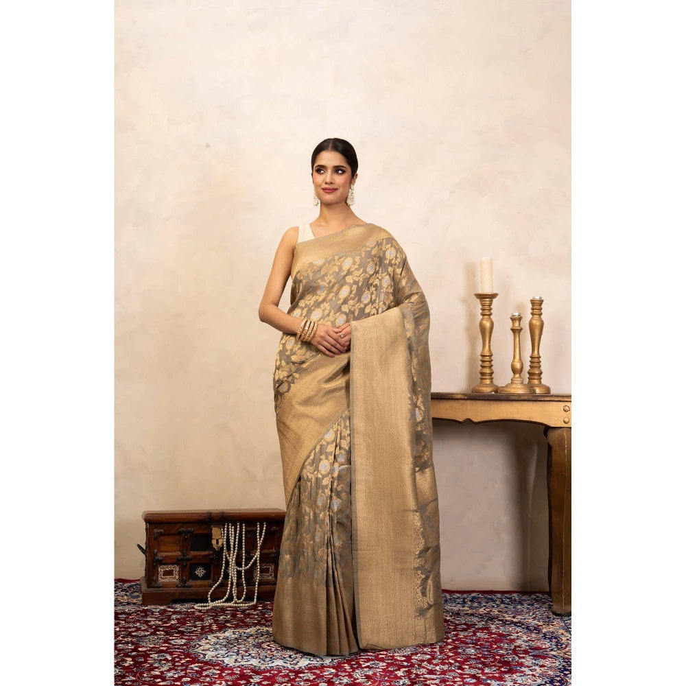 Zal from Benaras Grey Pure Katan Silk Banarasi Handloom Saree Without Blouse