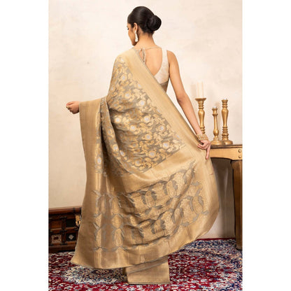 Zal from Benaras Grey Pure Katan Silk Banarasi Handloom Saree Without Blouse