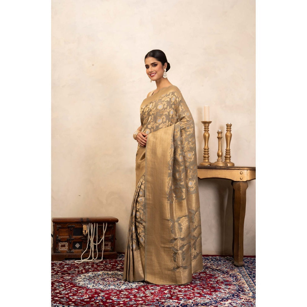 Zal from Benaras Grey Pure Katan Silk Banarasi Handloom Saree Without Blouse
