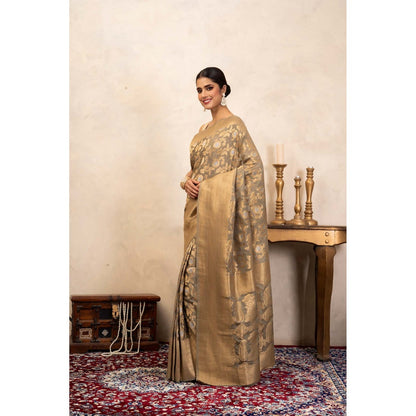 Zal from Benaras Grey Pure Katan Silk Banarasi Handloom Saree Without Blouse