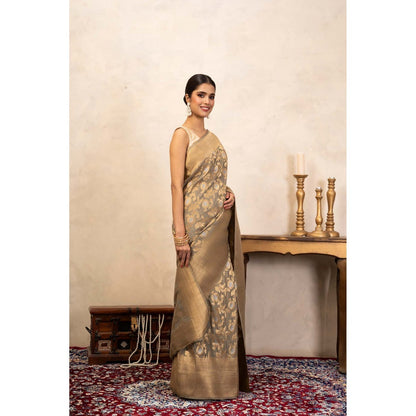 Zal from Benaras Grey Pure Katan Silk Banarasi Handloom Saree Without Blouse
