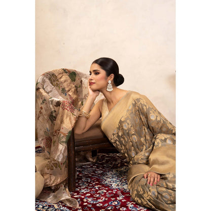 Zal from Benaras Grey Pure Katan Silk Banarasi Handloom Saree Without Blouse