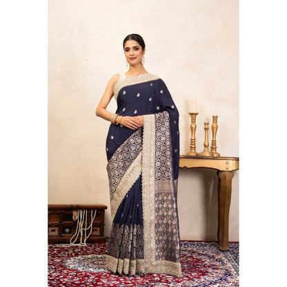 Zal from Benaras Navy Blue Pure Katan Silk Banarasi Handloom Saree Without Blouse