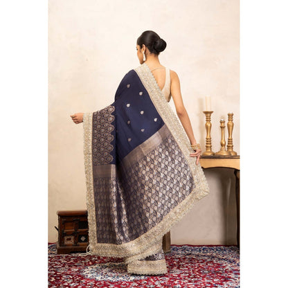 Zal from Benaras Navy Blue Pure Katan Silk Banarasi Handloom Saree Without Blouse