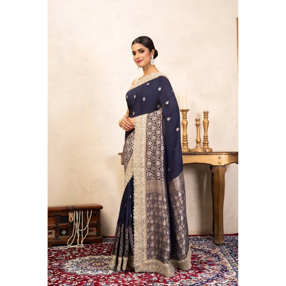 Zal from Benaras Navy Blue Pure Katan Silk Banarasi Handloom Saree Without Blouse