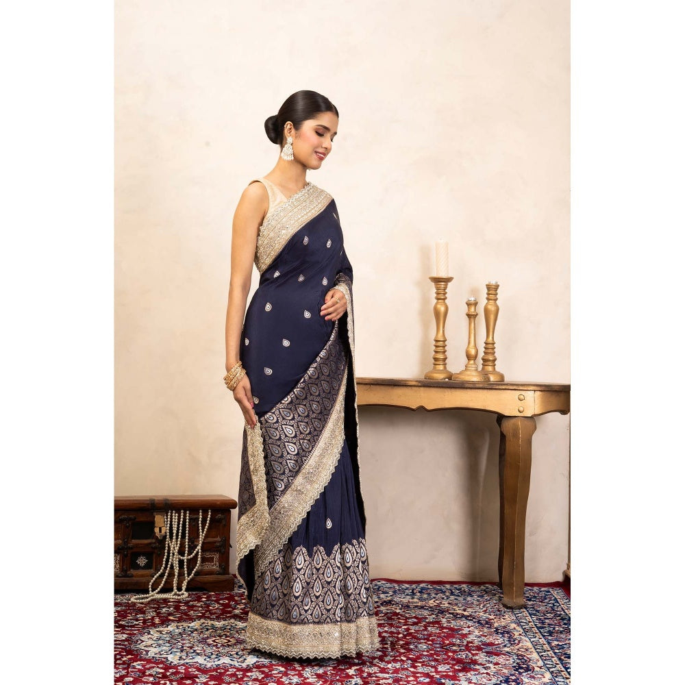 Zal from Benaras Navy Blue Pure Katan Silk Banarasi Handloom Saree Without Blouse