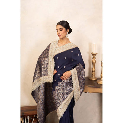 Zal from Benaras Navy Blue Pure Katan Silk Banarasi Handloom Saree Without Blouse