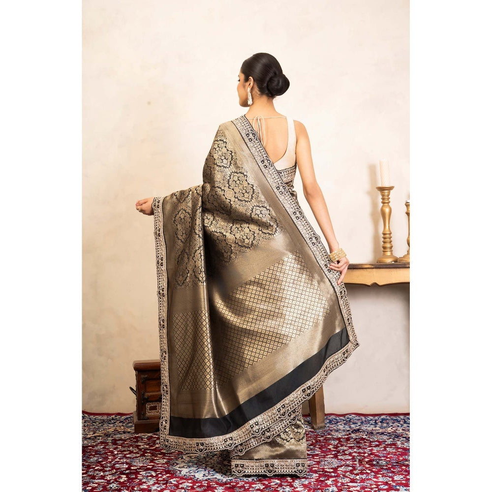 Zal from Benaras Black Pure Katan Brocade Banarasi Handloom Saree Without Blouse