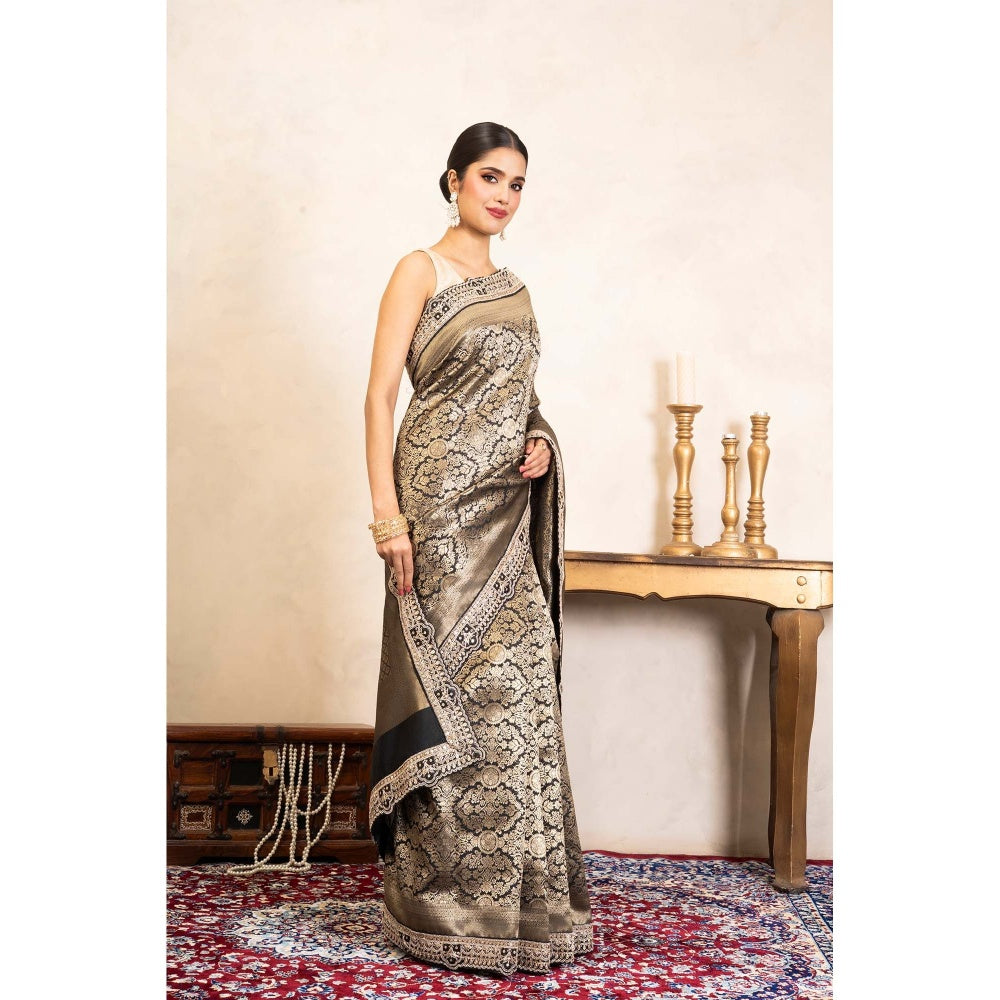 Zal from Benaras Black Pure Katan Brocade Banarasi Handloom Saree Without Blouse