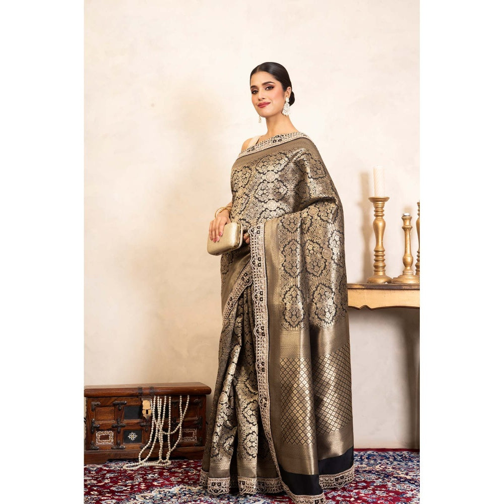 Zal from Benaras Black Pure Katan Brocade Banarasi Handloom Saree Without Blouse