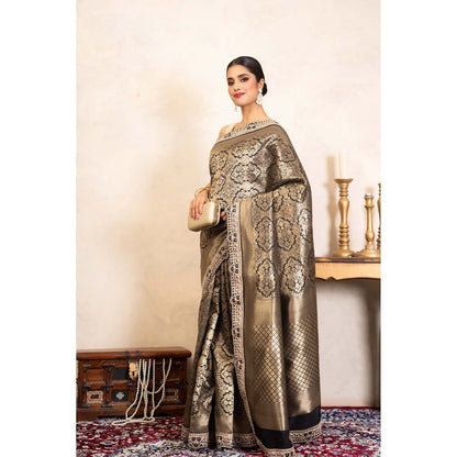 Zal from Benaras Black Pure Katan Brocade Banarasi Handloom Saree Without Blouse