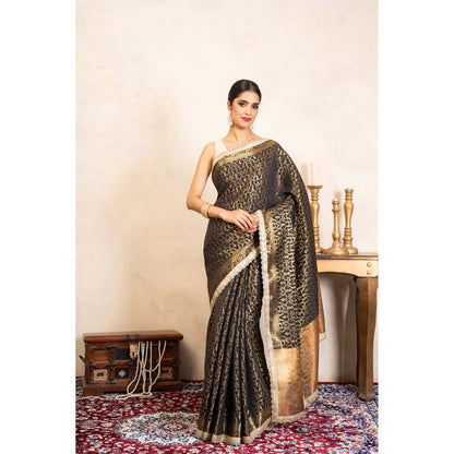 Zal from Benaras Black Pure Silk Banarasi Handloom Saree Without Blouse