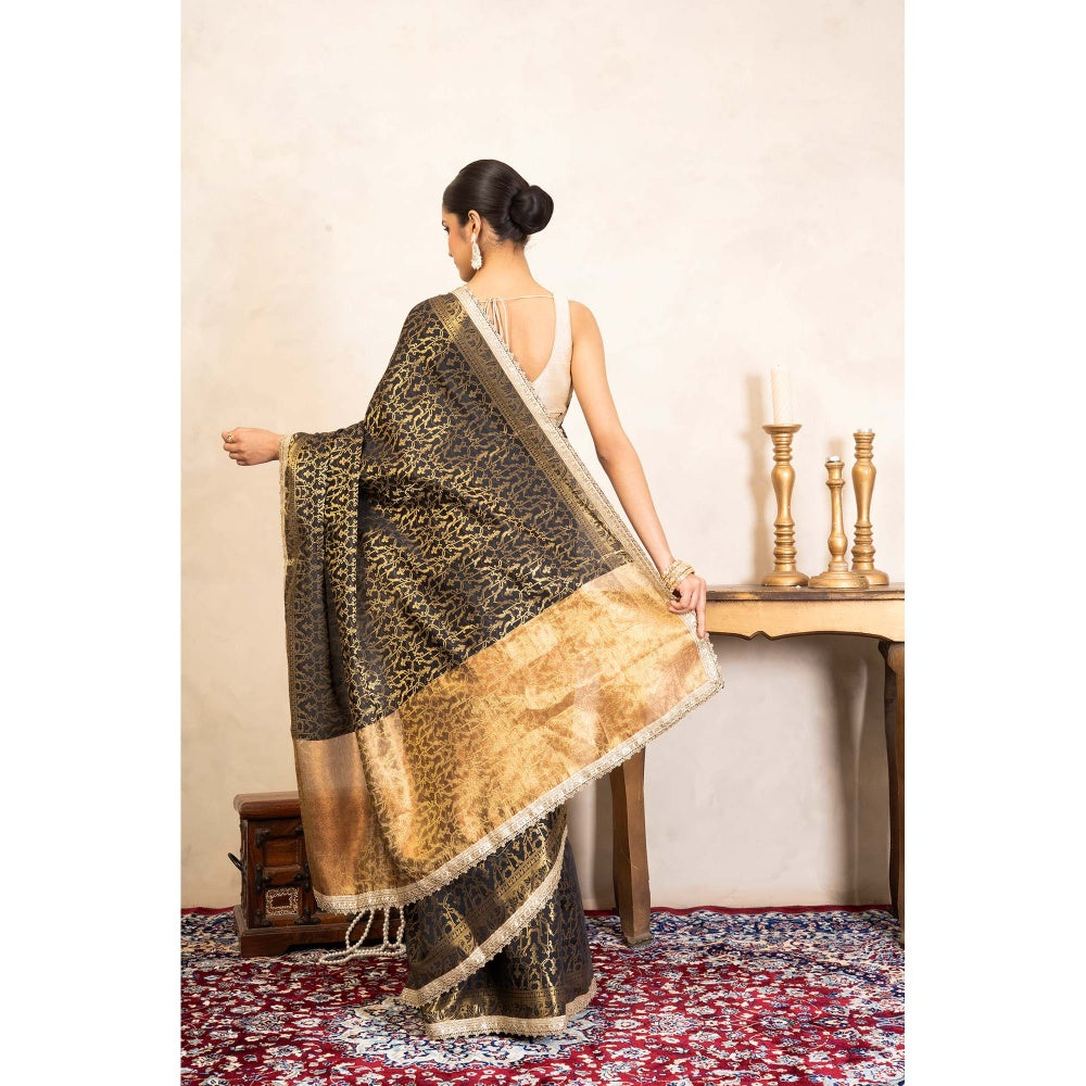 Zal from Benaras Black Pure Silk Banarasi Handloom Saree Without Blouse