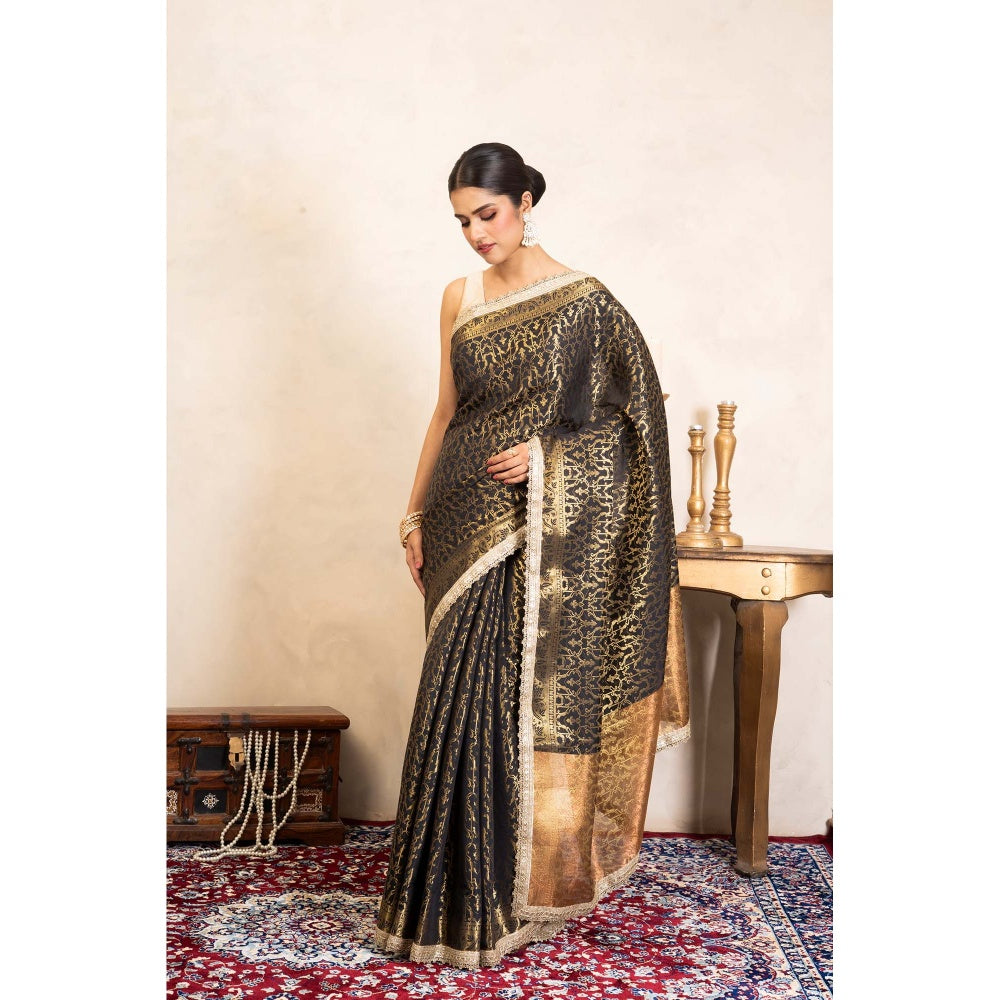 Zal from Benaras Black Pure Silk Banarasi Handloom Saree Without Blouse