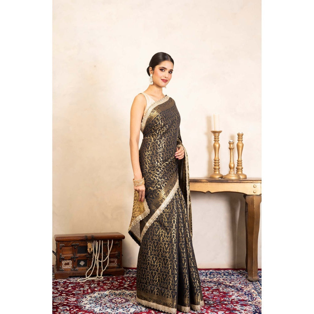Zal from Benaras Black Pure Silk Banarasi Handloom Saree Without Blouse