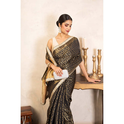 Zal from Benaras Black Pure Silk Banarasi Handloom Saree Without Blouse
