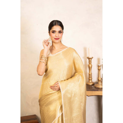 Zal from Benaras Golden Pure Katan Kanjeevaram Silk Banarasi Handloom Saree Without Blouse