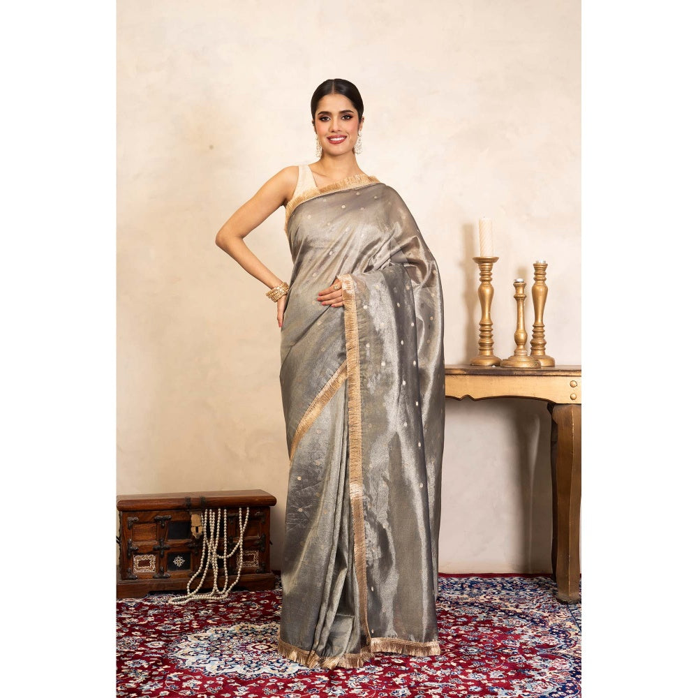 Zal from Benaras Grey Pure Tissue Silk Banarasi Handloom Saree Without Blouse