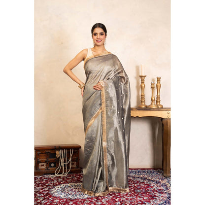 Zal from Benaras Grey Pure Tissue Silk Banarasi Handloom Saree Without Blouse