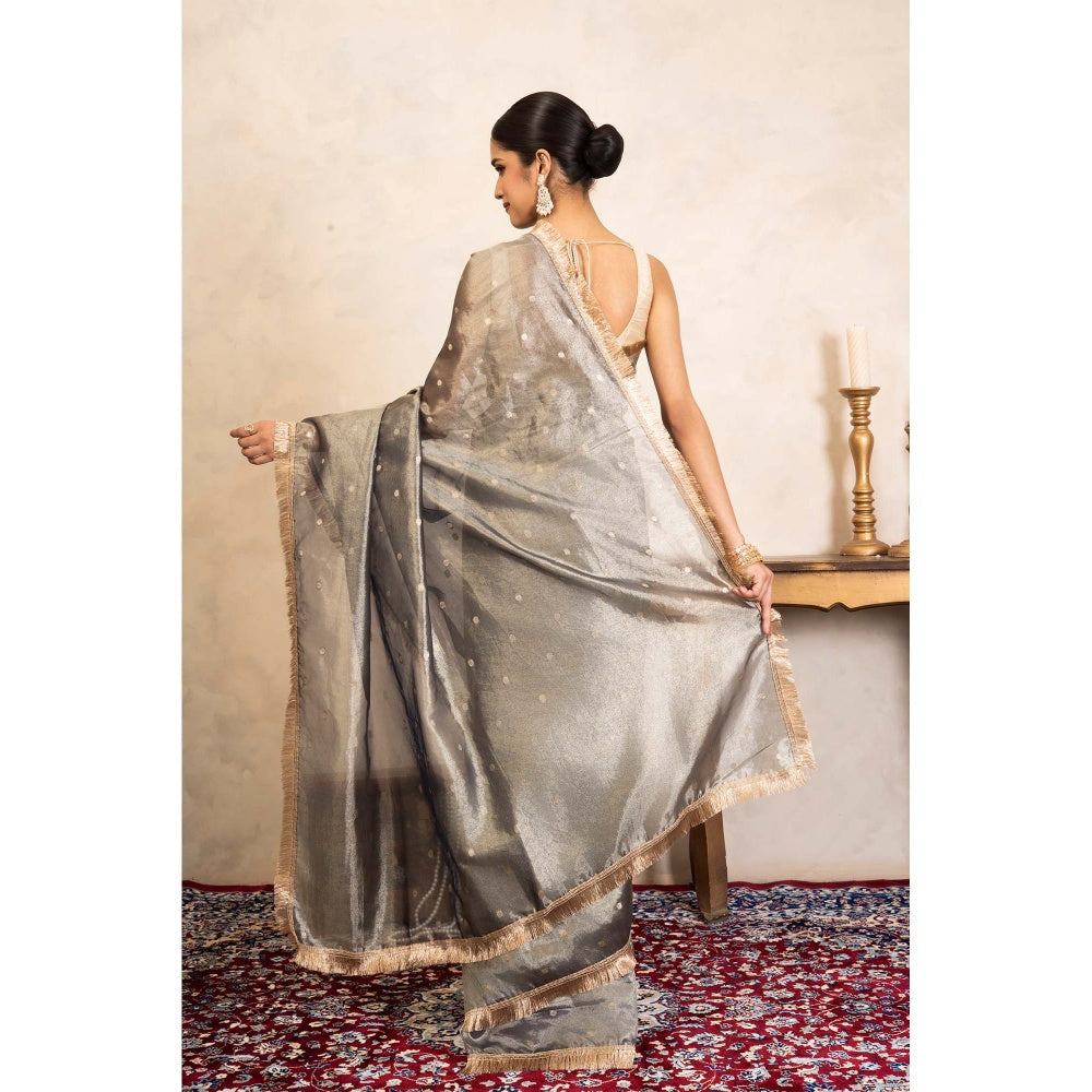 Zal from Benaras Grey Pure Tissue Silk Banarasi Handloom Saree Without Blouse