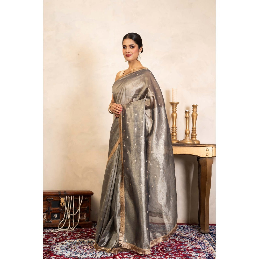 Zal from Benaras Grey Pure Tissue Silk Banarasi Handloom Saree Without Blouse