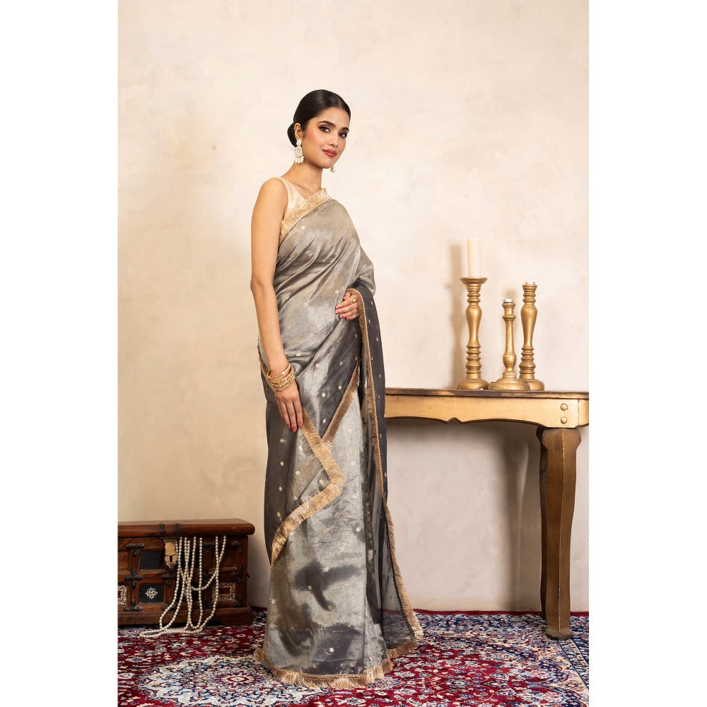 Zal from Benaras Grey Pure Tissue Silk Banarasi Handloom Saree Without Blouse