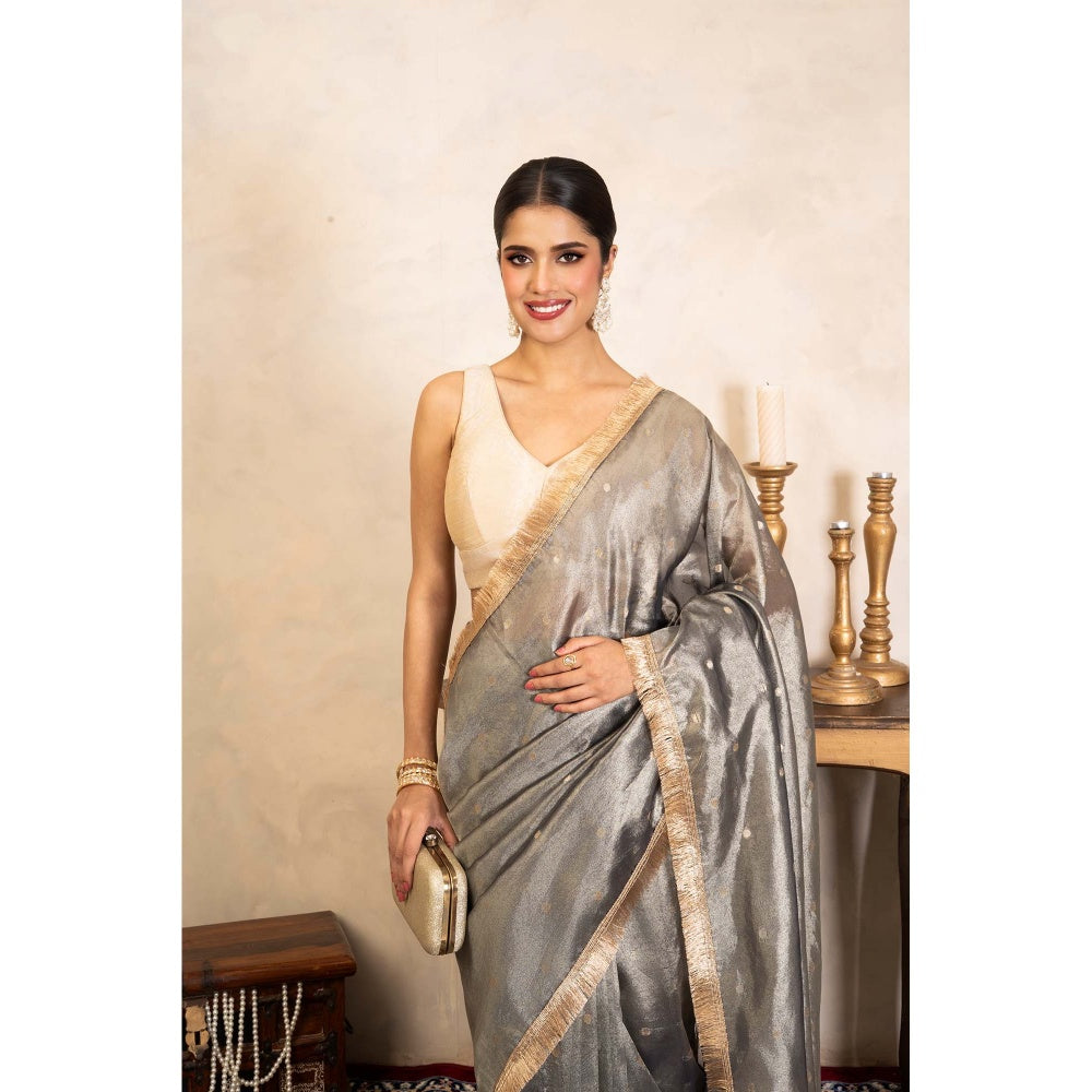Zal from Benaras Grey Pure Tissue Silk Banarasi Handloom Saree Without Blouse