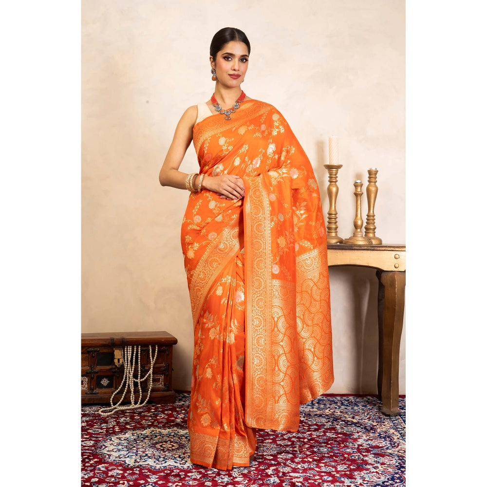 Zal from Benaras Orange Pure Katan Silk Banarasi Handloom Saree Without Blouse