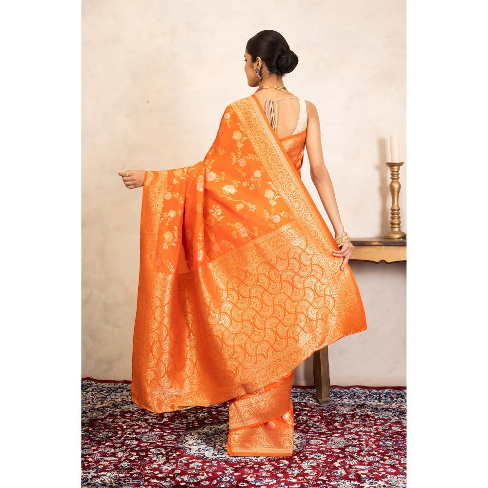Zal from Benaras Orange Pure Katan Silk Banarasi Handloom Saree Without Blouse