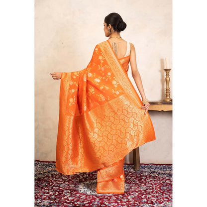 Zal from Benaras Orange Pure Katan Silk Banarasi Handloom Saree Without Blouse