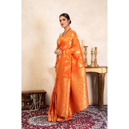 Zal from Benaras Orange Pure Katan Silk Banarasi Handloom Saree Without Blouse