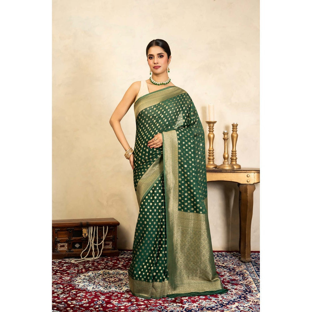 Zal from Benaras Bottle Green Pure Chiffon Banarasi Handloom Saree Without Blouse