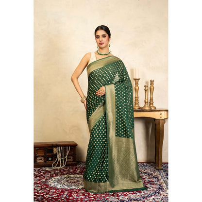 Zal from Benaras Bottle Green Pure Chiffon Banarasi Handloom Saree Without Blouse