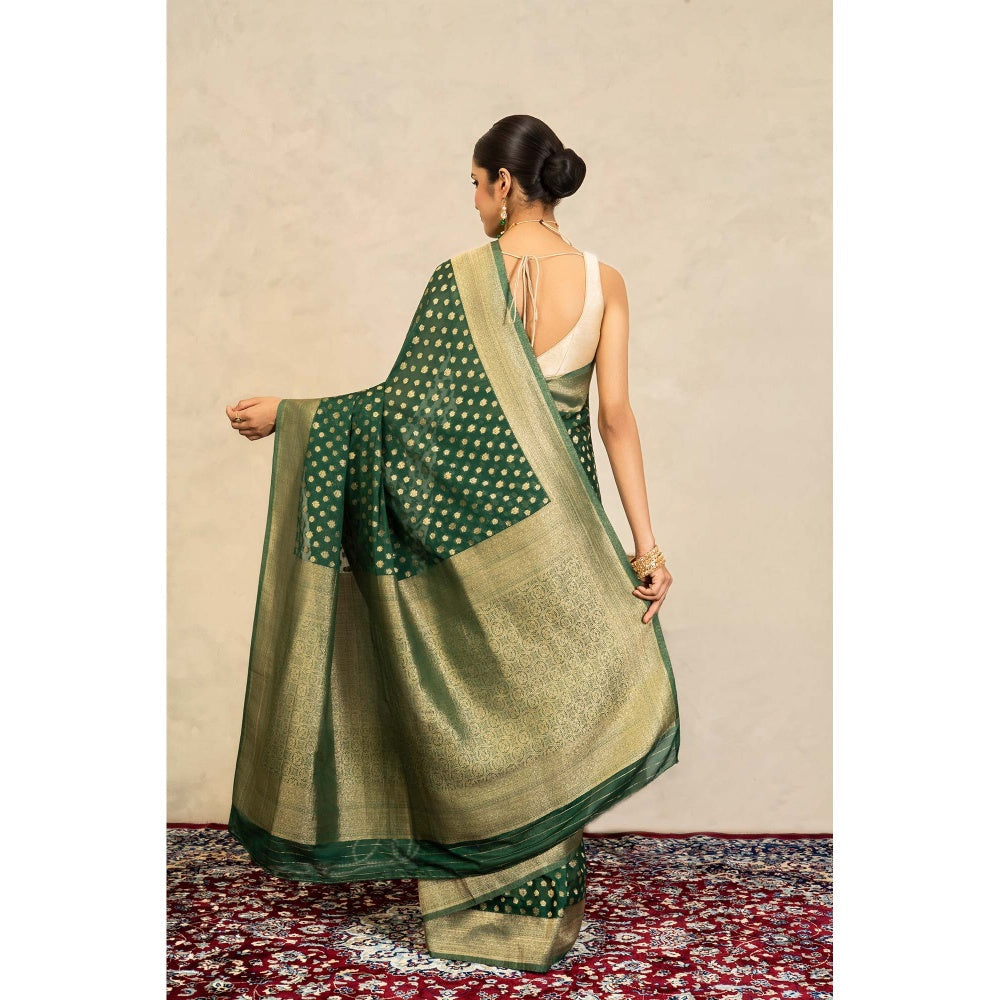 Zal from Benaras Bottle Green Pure Chiffon Banarasi Handloom Saree Without Blouse